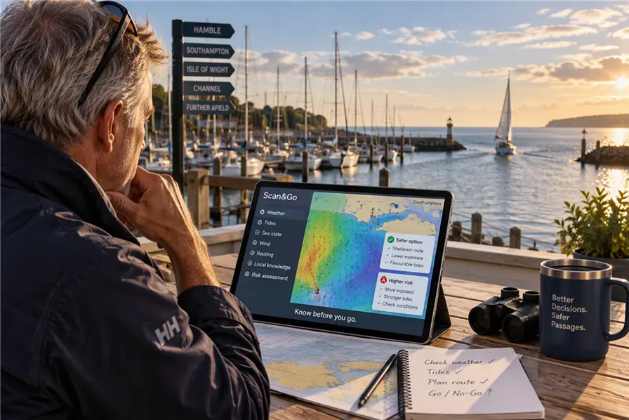 Sailor planning a UK coastal passage with Scan and Go at the harbour — Better Decisions. Safer Passages.