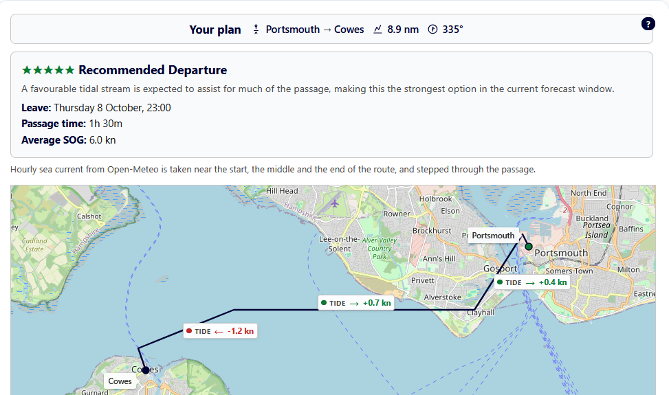 Example Scan and Go plan: Portsmouth to Cowes with recommended departure, passage time, and route on the map.
